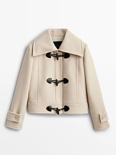 Massimo Dutti Short Wool Coat With Toggle Buttons In Cream