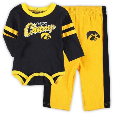 Outerstuff Babies' Newborn & Infant Black/gold Iowa Hawkeyes Little Kicker Long Sleeve Bodysuit & Sweatpants Set