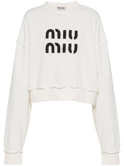 Miu Miu Embroidered Cotton Sweatshirt In Bianco