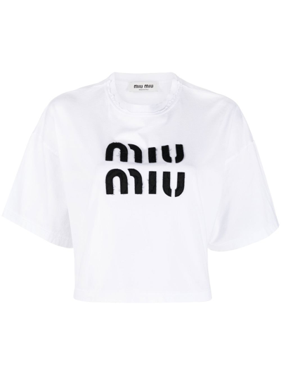 Miu Miu Embroidered Cotton T-shirt In White