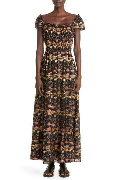 Altuzarra Lily Printed Smocked Midi Dress In Black Gold