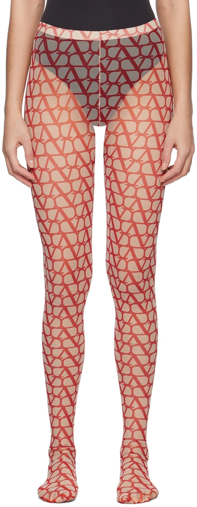 Valentino Toile Iconographe Tulle Tights In Beige/red
