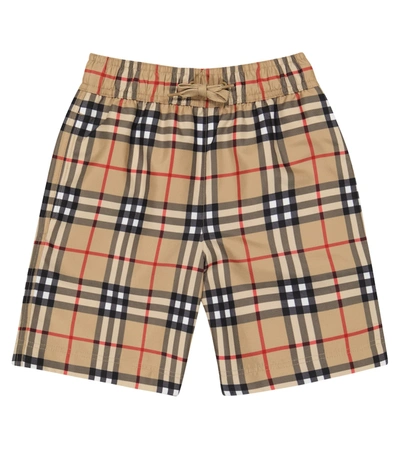 Burberry Kids' Archive Check Swim Trunks In Brown