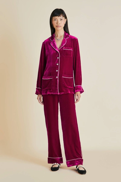 Olivia Von Halle Coco Piped Velvet Pajama Set In Berry
