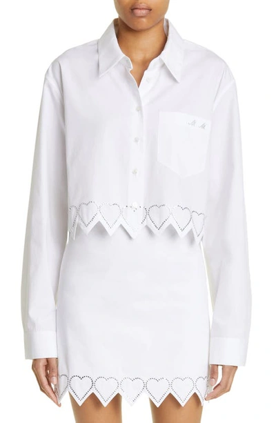 Mach & Mach Crystal Heart Trim Crop Cotton Button-up Shirt In Ivory