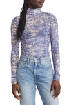 Free People Under It All Ruched Mesh Turtleneck Bodysuit In Blue