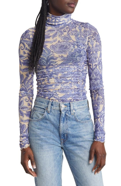 Free People Under It All Ruched Mesh Turtleneck Bodysuit In Blue