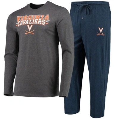 Concepts Sport Navy/heathered Charcoal Virginia Cavaliers Meter Long Sleeve T-shirt & Pants Sleep Se In Navy,heathered Charcoal