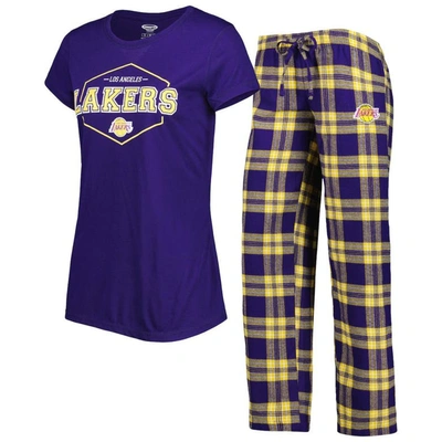 Concepts Sport Women's  Purple, Gold Los Angeles Lakers Badge T-shirt And Pajama Pants Sleep Set In Purple,gold