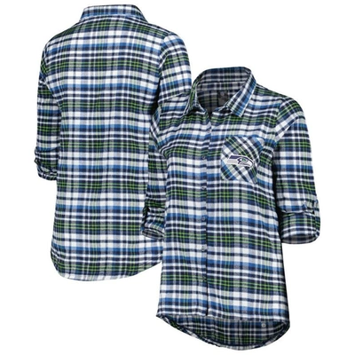 Concepts Sport College Navy Seattle Seahawks Plus Size Mainstay Flannel Full-button Long Sleeve Nigh In Navy,neon Green