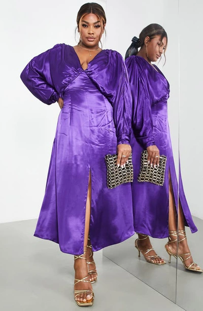 Asos Design Satin Drape Batwing Midi Dress In Purple