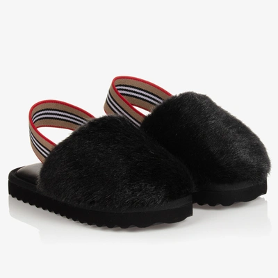 Burberry Kids' Girls Black Faux Fur Slippers