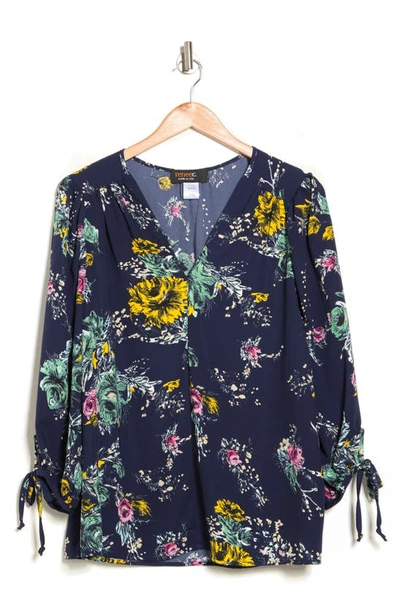 Renee C Floral Print Tie Cuff Blouse In Navy