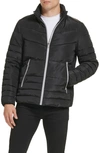 Kenneth Cole New York Faux Memory Full Zip Mixed Quilted Puffer Jacket In Black
