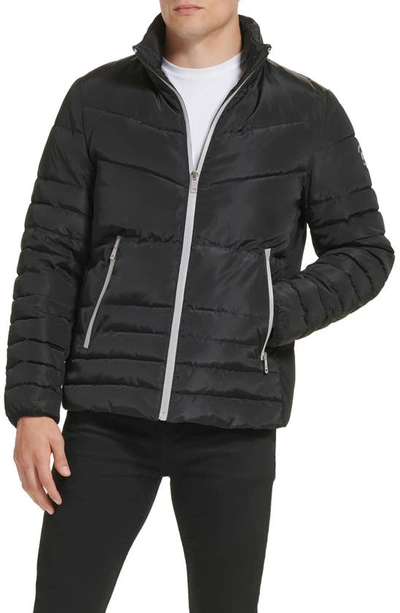 Kenneth Cole New York Faux Memory Full Zip Mixed Quilted Puffer Jacket In Black