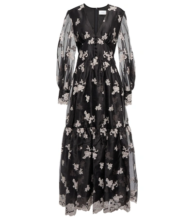Erdem Tabetha Floral-embroidered Silk Maxi Dress In Black
