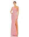 Ieena For Mac Duggal Sequined One Shoulder Draped Back Gown In Pink