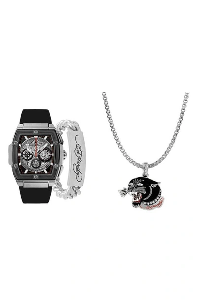 I Touch Ed Hardy 3-piece Jewelry & Square Watch Set In Black