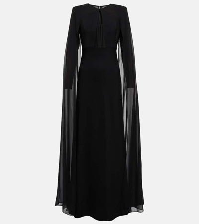 Roland Mouret Cape-sleeve Evening Gown W/ Mesh Detail In Black