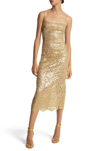 Michael Kors Laminated Lace Midi Slip Dress In Gold