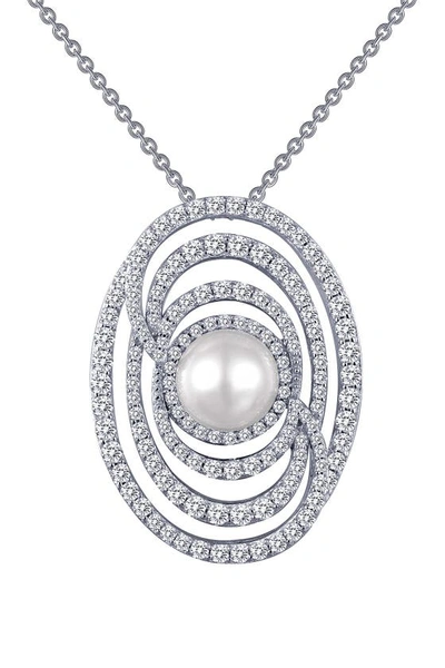 Lafonn Platinum Plated Sterling Silver Pave Simulated Diamond & 5mm Freshwater Pearl Pendant Necklace In White-pearl