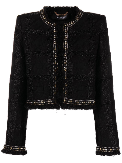 Versace Wool Blend Lurex Tweed Check Crop Jacket In Black