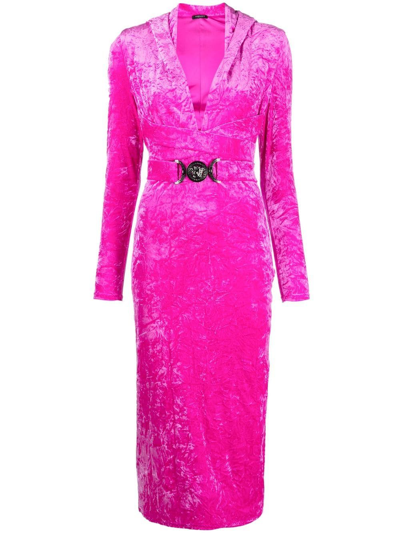 Versace Hooded Long Sleeve Deep V-neck Crushed Velvet Midi Dress In Pink