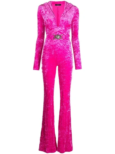 Versace Fuchsia Hooded Jumpsuit With Crisscross Medusa Biggie Belt In Crushed Velvet Woman In Pink