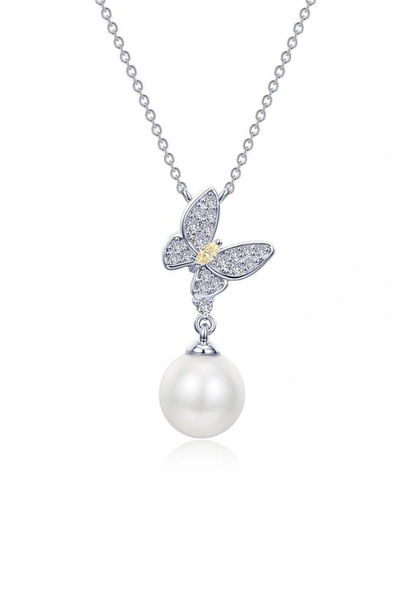 Lafonn Platinum Plated Sterling Silver Butterfly Simulated Diamond Cultured Freshwater Pearl Necklace In White