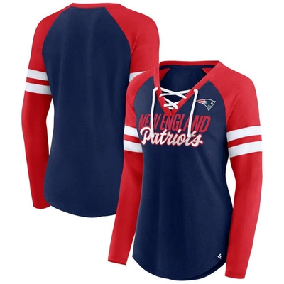 Fanatics Branded Navy/red New England Patriots Plus Size True To Form Lace-up V-neck Raglan Long Sle In Navy,red