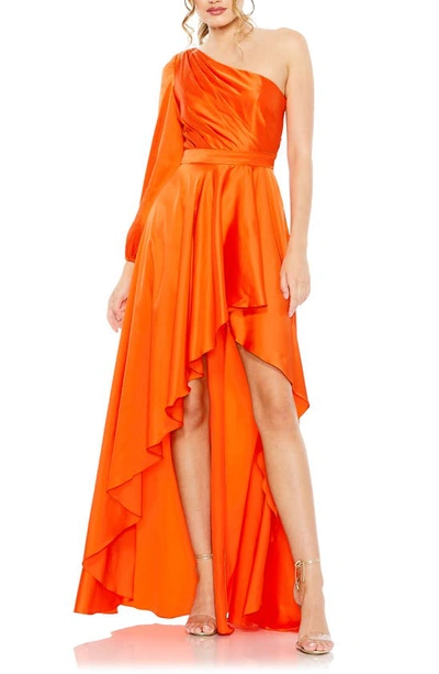 Ieena For Mac Duggal One-shoulder Long Sleeve Satin High/low Gown In Orange