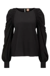 Hugo Boss Regular-fit Silk Top With Ruched Sleeves In Black