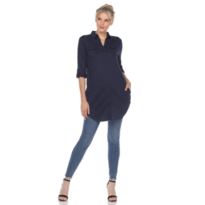 White Mark Women's Stretchy Button-down Tunic Top In Blue