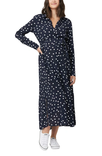 Ripe Maternity Spotted Long Sleeve Tie Waist Maternity Shirtdress In Navy