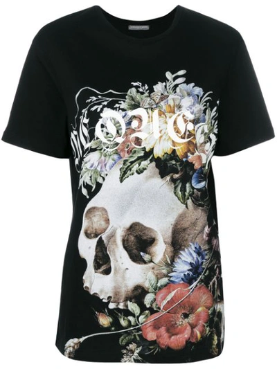 Alexander Mcqueen Floral Skull Print T-shirt In Black