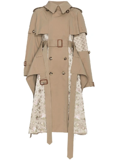 Alexander Mcqueen Double-breasted Brocade Patched Long Trench Coat In Beige