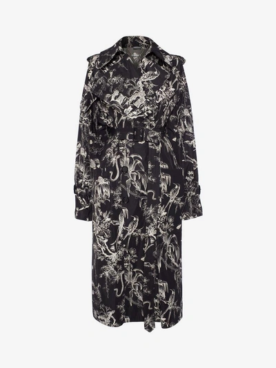 Alexander Mcqueen Bird Sketch Trench Coat In Black/ivory