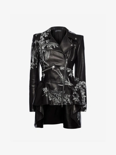 Alexander Mcqueen Floral Leather Jacket In Black/ivory