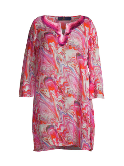 Gabriella Rossetti Valentina Marble-print Strass Embroidered Silk Tunic In Pink Marble