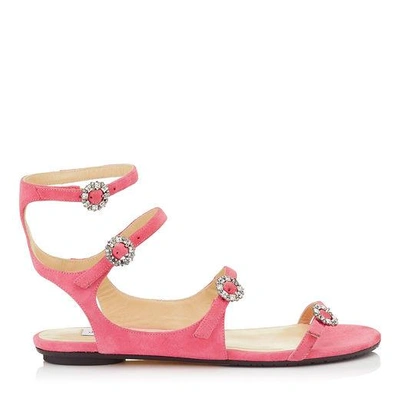 Jimmy Choo Naia Flat Flamingo Suede Sandals With Swarovski Crystal Buckles In Flamingo/crystal