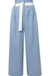 Tibi Serge Belted Cropped Wool Wide-leg Pants In Soft Blue