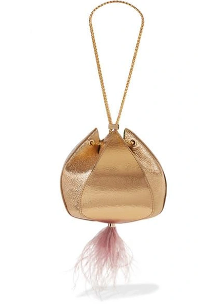 The Volon Cindy Feather trimmed Metallic Textured leather Clutch In Gold ModeSens
