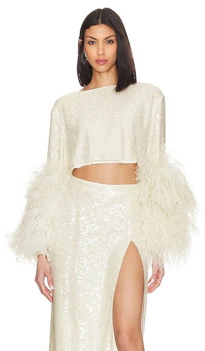 Lapointe Sequin Cropped Top With Feathers In Cream