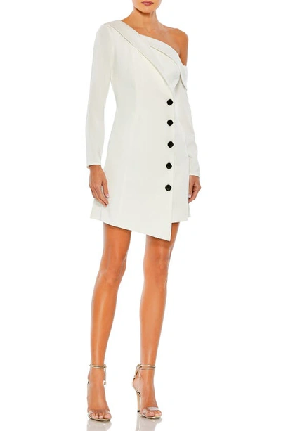 Mac Duggal Drop Shoulder Faux Tuxedo Mini Dress In White