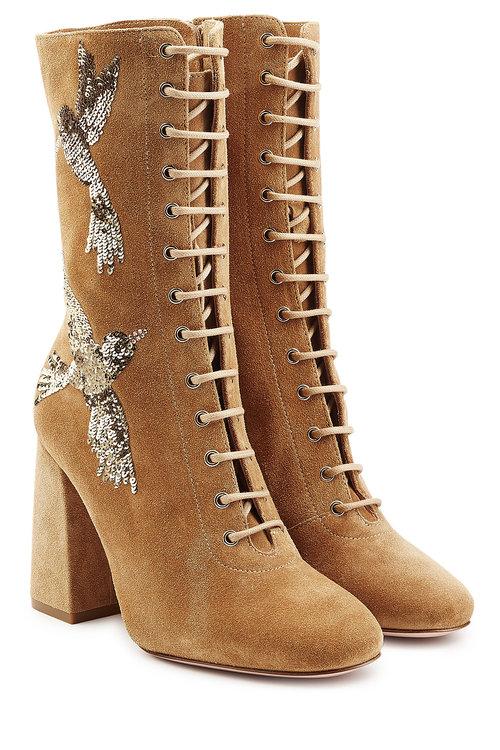 Red Valentino Embroidered Lace-up Suede Boots In Brown | ModeSens