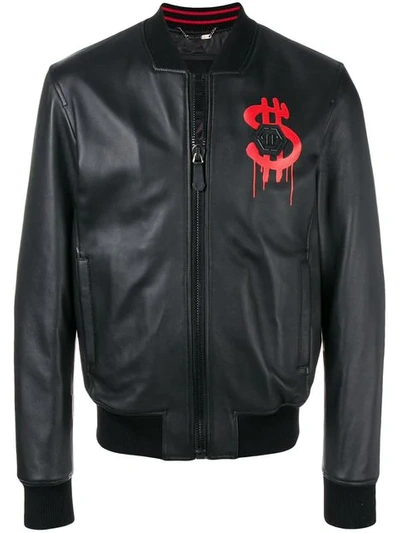 Philipp Plein Leather Bomber "money Soup" In Black