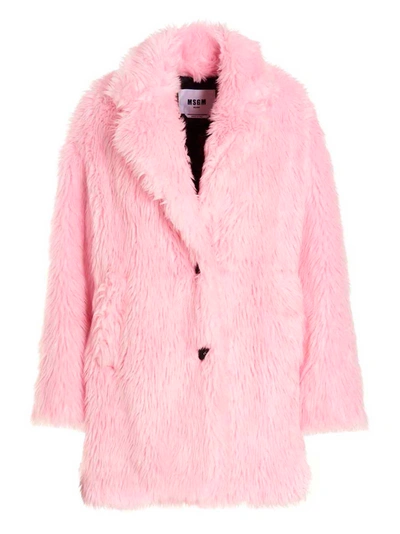 Msgm Single Breast Fake Fur Coat In Pink