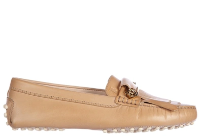 Tod's Women's Leather Loafers Moccasins Frangia Strass In Beige