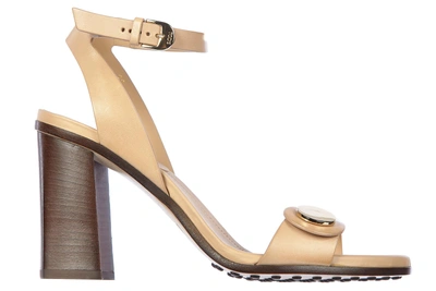 Tod's Women's Leather Heel Sandals T90 Cinturino Bottone In Beige