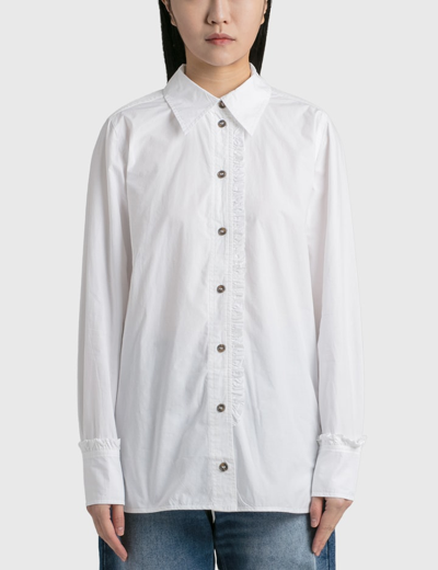 Ganni Long Sleeve Cotton Poplin Ruffle Shirt In White